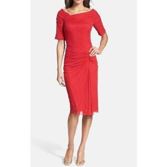 Tadashi Shoji Red Asymmetrical Ruched Mesh Draped Dress Women's XS - Picture 1 of 10